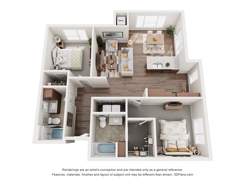 Floor plan for 2 beds, 2 baths, 1121 sqft